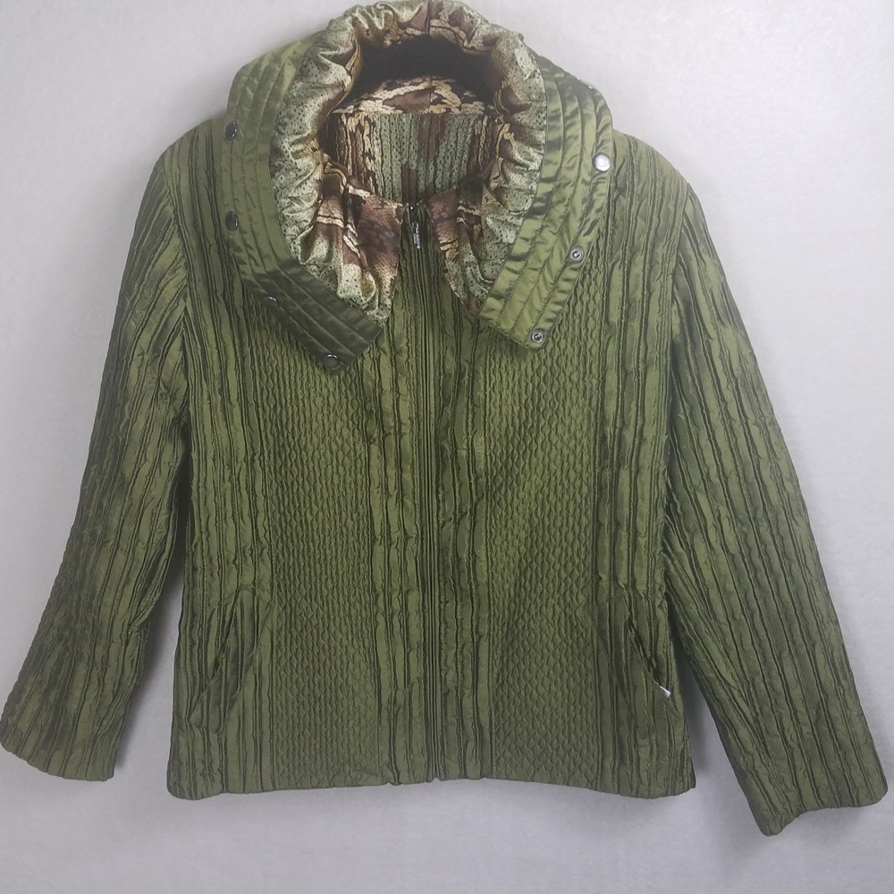 Lindi Jacket Women Large Green Excellent Textured Zip Up Oversized Collar